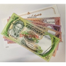 SWAZILAND 1979 . ONE 1 - TWENTY 20 EMALANGENI BANKNOTES . SPECIMEN